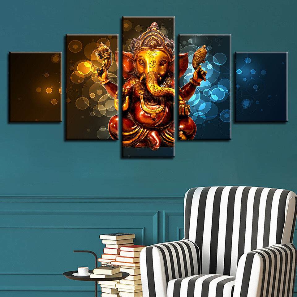 Elephant Trunk God Ganesha Painting 5 Panel Canvas Print Wall Art Home Decor