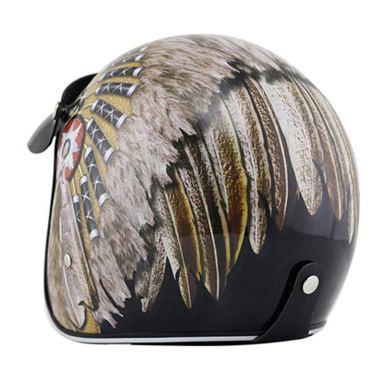 Open Face Motorcycle Helmet Indian Feather Print Cruiser Scooter Bike Helmet DOT