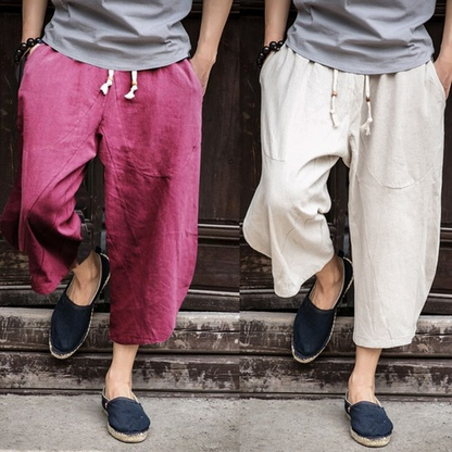 Man Cotton Linen Leg Pants Loose Calf-Length Pants Bloomer Summer Baggy Trousers