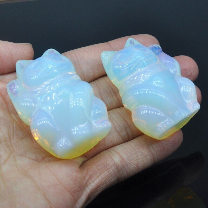 1pc Plutus Cat Statue Opalite Natural Stone Carved Healing Crystals Lucky