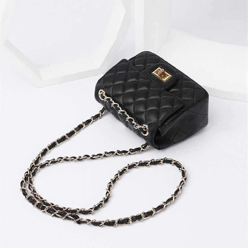 Quilted Sheepskin Leather Small Flap Purse Clutch w/ Chains Shoulder Bag Fashion