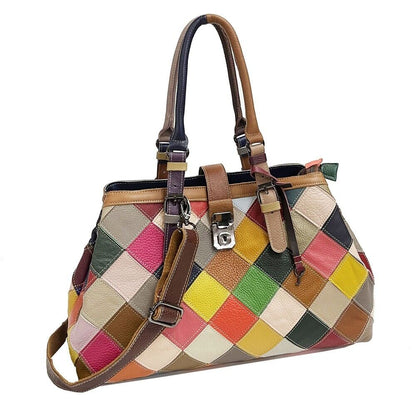 100% Genuine Leather Colorful Patchwork Handbag Women's Tote Shoulder Bag