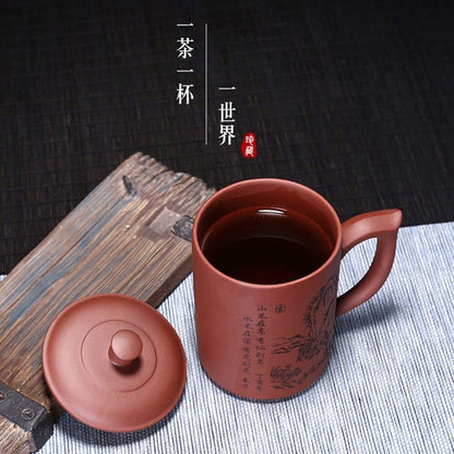 Chinese yixing zisha teacup cover cup 500ml Purple sand mud handle mug landscape