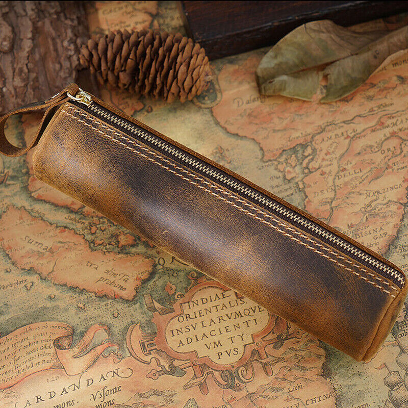 Handmade Cowhide Leather Pen Pouch Zipper Pencil Case Stationery Storage Pen Bag
