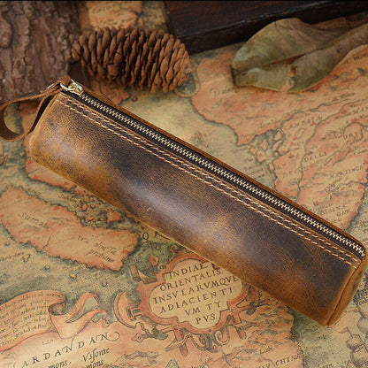 Handmade Cowhide Leather Pen Pouch Zipper Pencil Case Stationery Storage Pen Bag