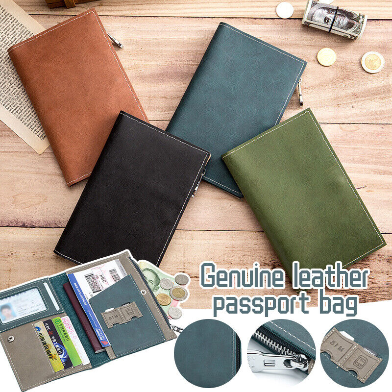 Genuine Leather Passport Bag Unisex Travel Wallet Zipper Ticket Clip And ID Bag