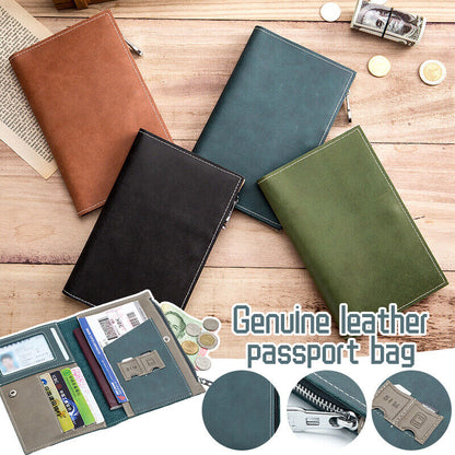 Genuine Leather Passport Bag Unisex Travel Wallet Zipper Ticket Clip And ID Bag