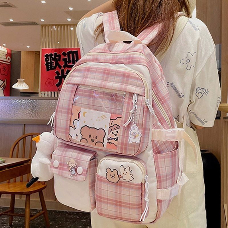 Plaid Transparent Contrast Color Leisure Backpack Large Nylon Bag Polyester 1PC