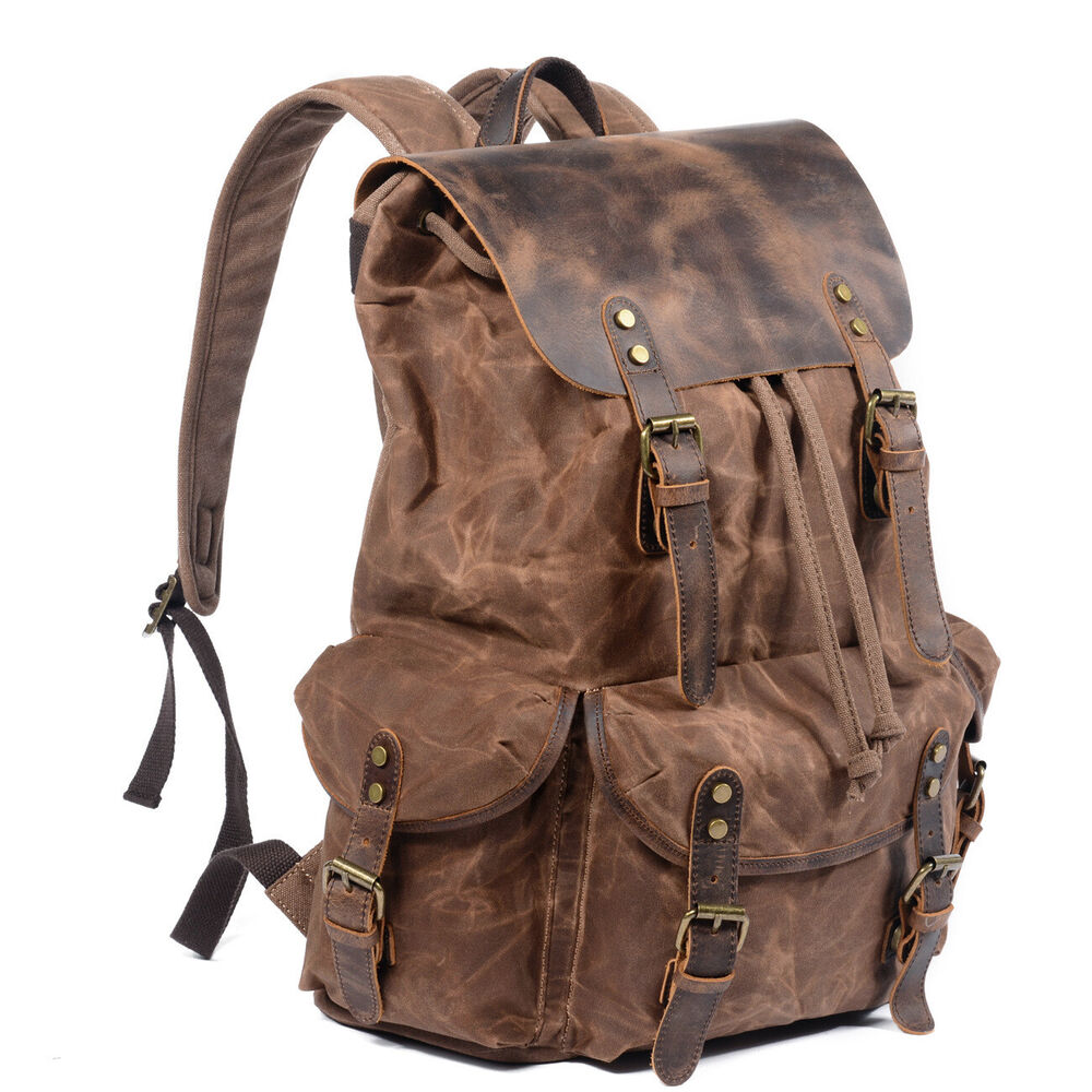 Water Resistant Wax Canvas Real Leather Flap Drawstring Backpack Day bag Travel