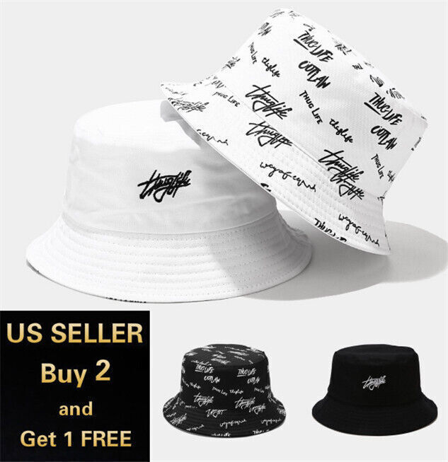 Graffiti Letter Bucket Hat Cap Double-sided Fisherman's Cap Men Women Cotton