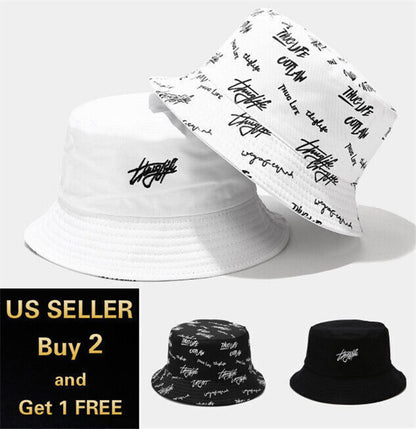 Graffiti Letter Bucket Hat Cap Double-sided Fisherman's Cap Men Women Cotton