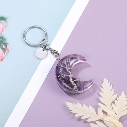 Healing Crystals Stones Keychain Tree of Life Wire Wrapped Crescent Moon Keychai