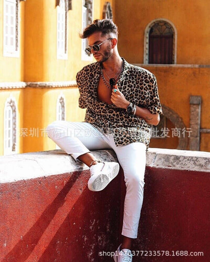 Men Leopard Print T Shirts Occident Baggy Beach Short Sleeve Blouse Tops Casual