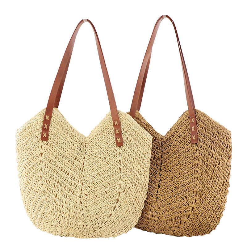 Women Boho Straw Woven Rattan Handbag Tote Bag Hollow Shoulder Bag Summer Beach