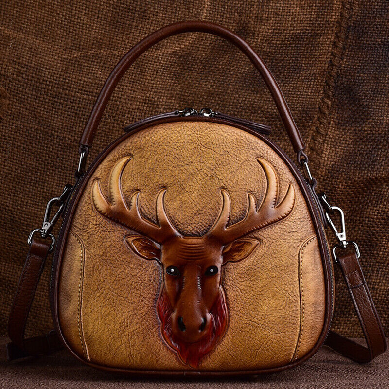 100% Genuine Leather Women's Handbags Retro Deer Embossed Sling Shoulder Bag