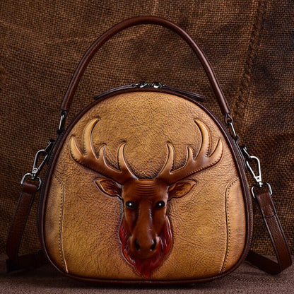 100% Genuine Leather Women's Handbags Retro Deer Embossed Sling Shoulder Bag