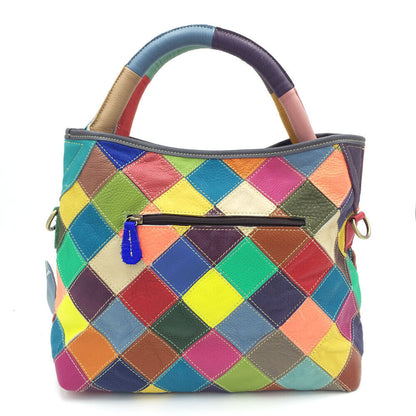 Multicolor Patch Real Leather Raw Edge Tote Shoulder Bag Purse Crossbody Handle