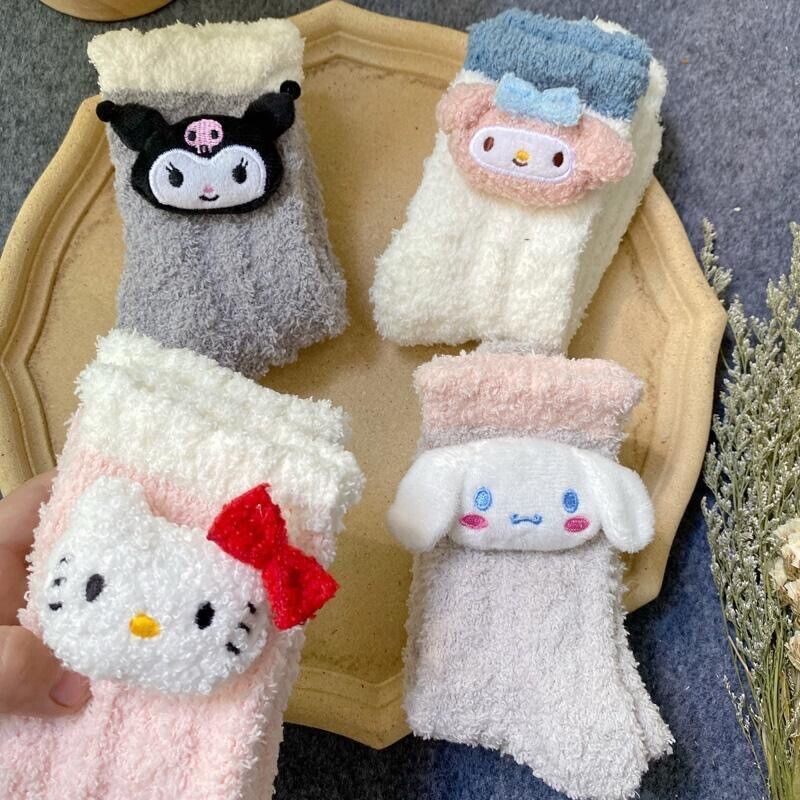 4 Pairs Cute Girl Hello Kittys Kuromi Cinnamoroll Plush Socks Coral Fluffy Socks