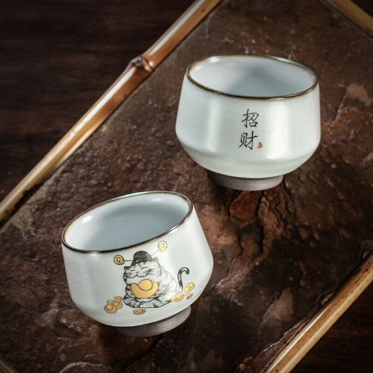 Ruyao Ceramic Teacup Set of 2 Cups Lovely Cat Chinese Kung Fu Tea Cup 140ml