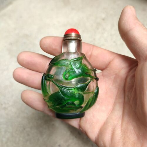 collections Old Beijing chinese glass snuff bottle carved crane statue clean art