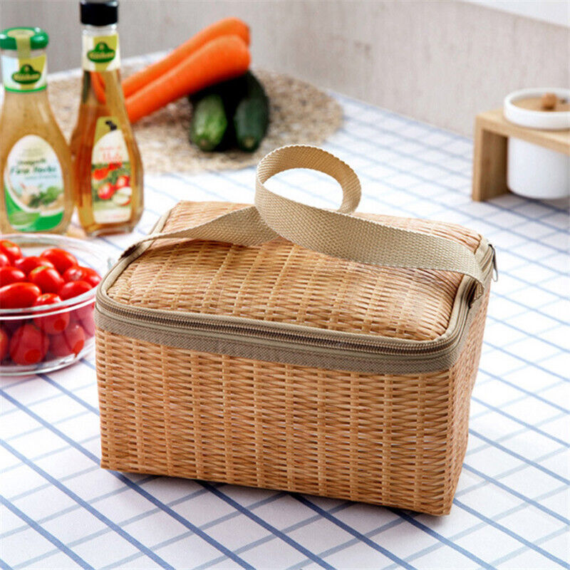Straw Woven Waterproof Insulated Thermal Bento Lunch Tote Bag Travel Picnic.t2