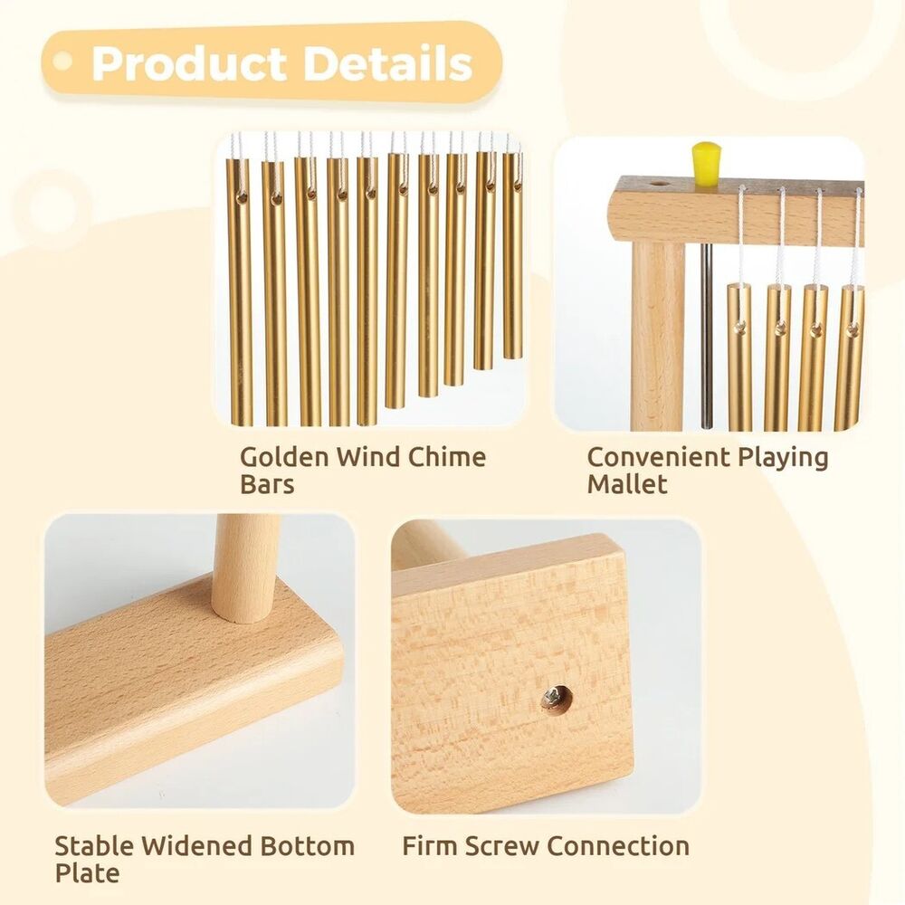 Wind Chime 20-Tone Single-Row Top Golden Metal Bars Instruments W/ Mallet Decor