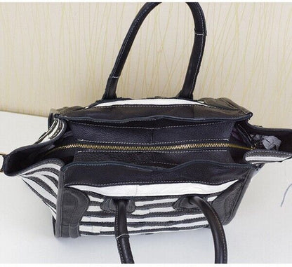 Women's Bag Luxury Genuine Leather Tote Handbags Black and White Shoulder Bag