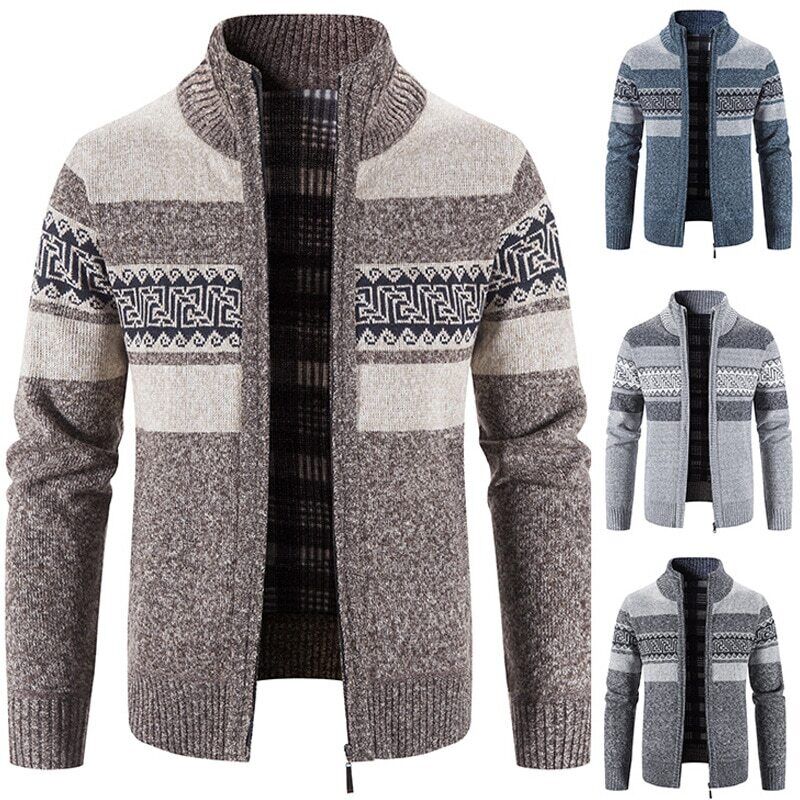 Men's Cardigan Sweater Fall Stand Collar Fleece Full Zip Male Clothing Coat