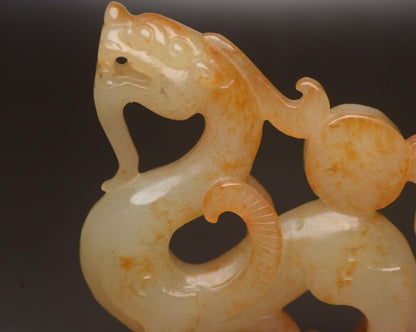 Top Chinese Antique Hetian Jade Carving Dragon Phoenix 龙凤呈祥 Statue Sculpture Art