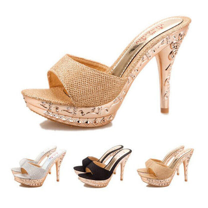 Women Glitter Platform Peep Toe Shoes Sexy Ladies High Heels Sandals Mules Party