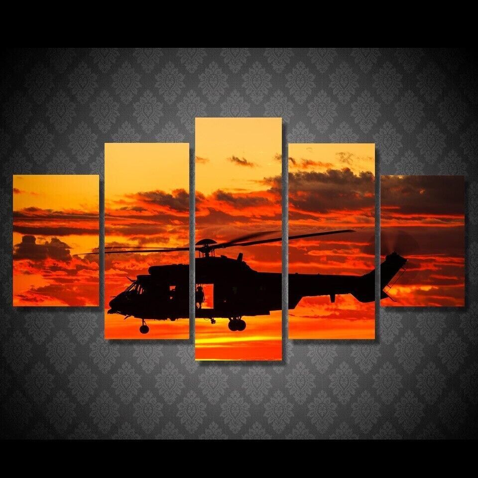 Military Helicopter Silhouette Sunset 5 Pieces Canvas Print Wall Art Home Decor