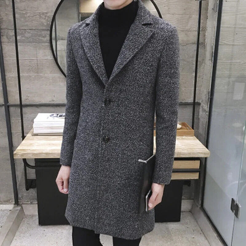 Men's Long Casual Top Coats Warm Coat Lapel Collar Overcoat Windbreaker