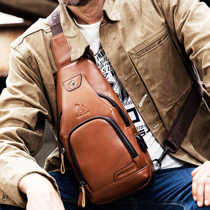 Men's Sling Backpack,100% Genuine Leather Chest bag Crossbody Bag Shoulder Bag