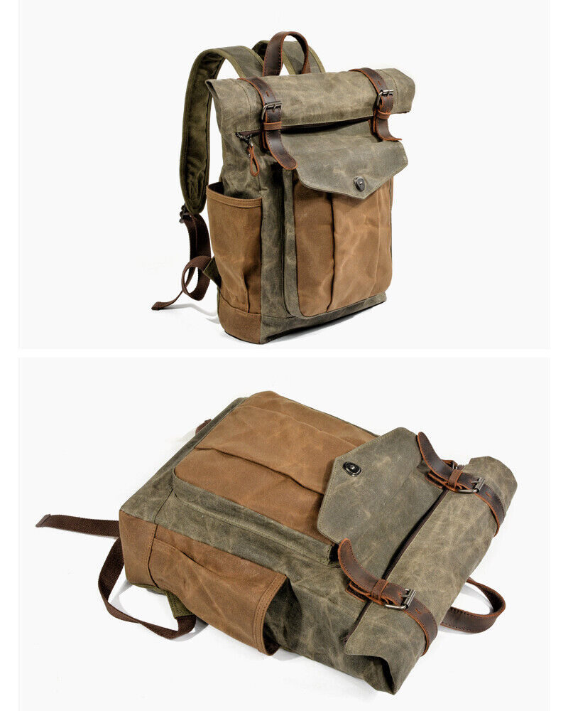 Water Resisant Vintage Waxed Canvas Backpack Fold-Over Satchel Laptop Bag Travel