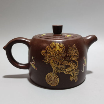 Vintage Chinese Yixing Purple Clay Teapot Zisha Ceremony Painted Kylin Teaware