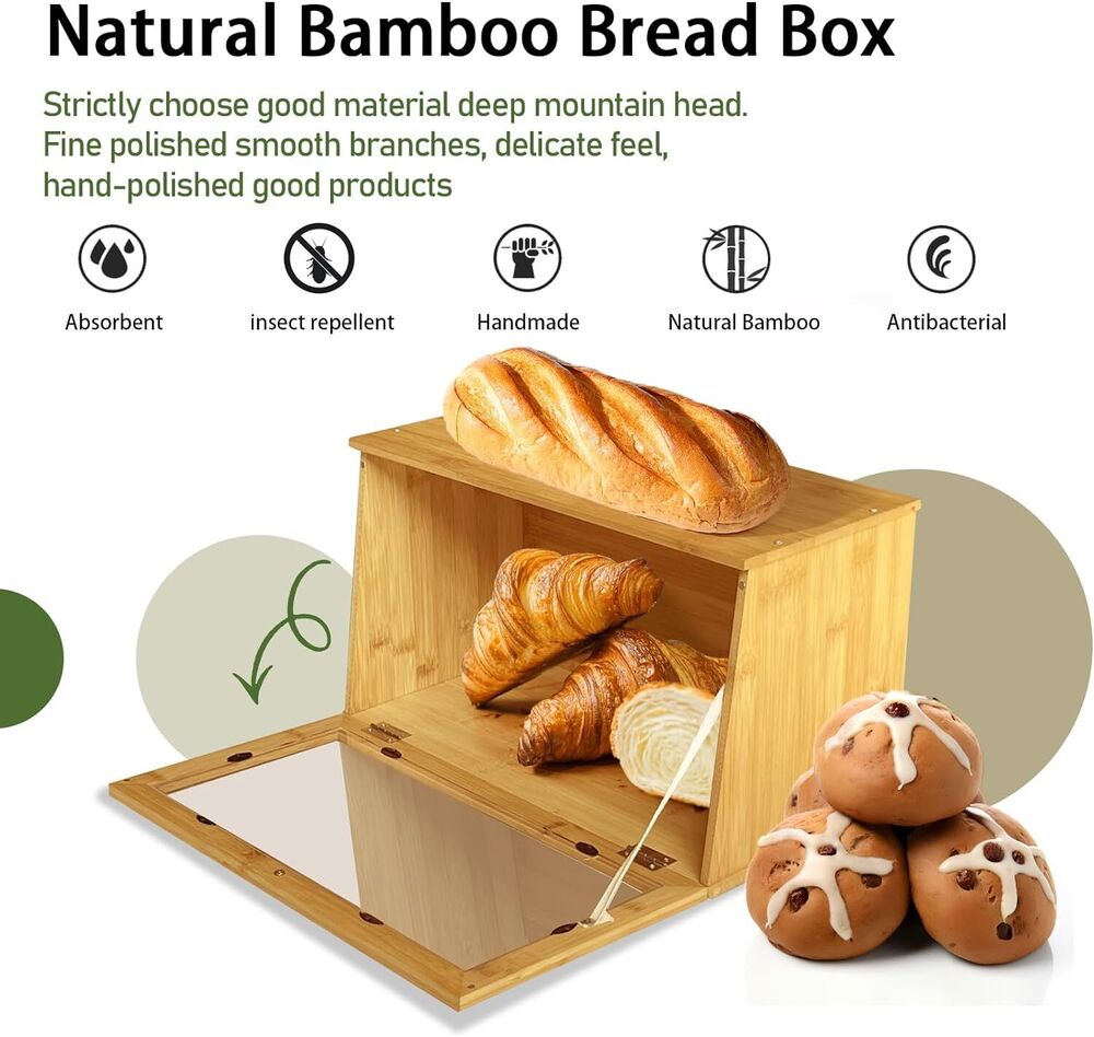 Wooden Bread Storage with Lid Food Organizer Container for Kitchen Countertop