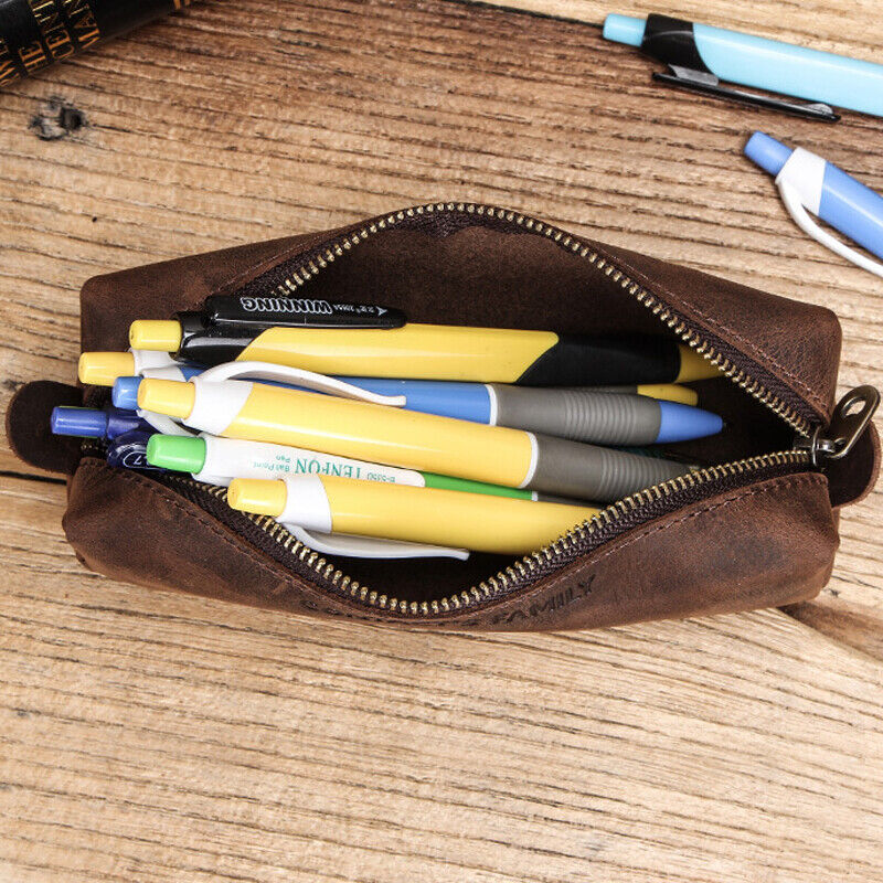 Handmade Cowhide Leather Pen Pouch Zipper Pencil Case Stationery Storage Pen Bag