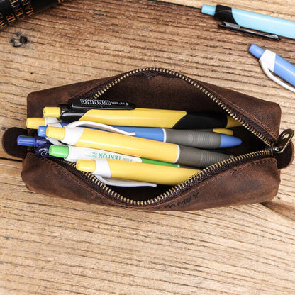 Handmade Cowhide Leather Pen Pouch Zipper Pencil Case Stationery Storage Pen Bag