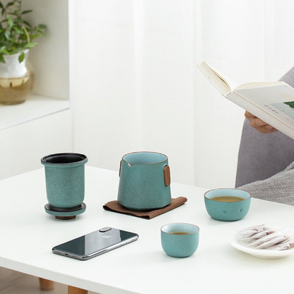 Green Ceramic Tea Cups and Sets Penguin Portable Travel Tea Set