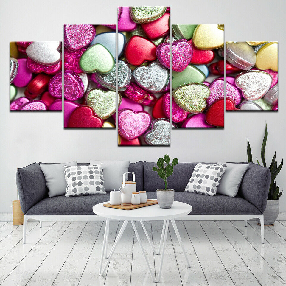 Modern Printed 5 Panel Heart Shape Stone Pictures Painting Wall No Framed