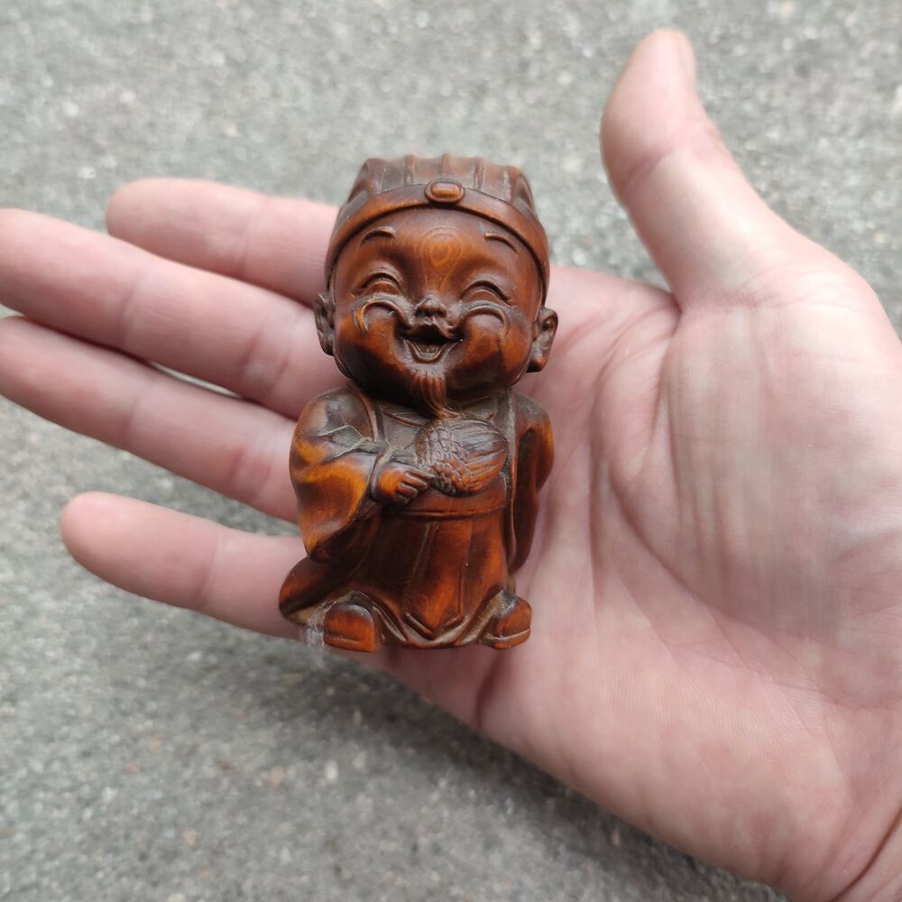 Wooden Christmas Statue Happy Zhuge Liang Figurine Boxwood Carving Children Gift