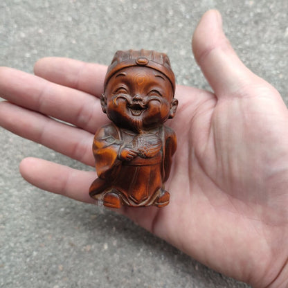 Wooden Christmas Statue Happy Zhuge Liang Figurine Boxwood Carving Children Gift