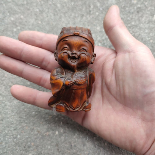 Wooden Christmas Statue Happy Zhuge Liang Figurine Boxwood Carving Children Gift