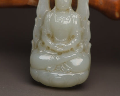 Chinese Natural Hetian Jade Carving Kwan Yin Statues Lucky Jade Pendant Jewelry