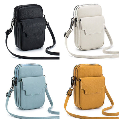 Women's Genuine Leather Double-Layer Zipper Phone BagShoulder Bag Crossbody Bag