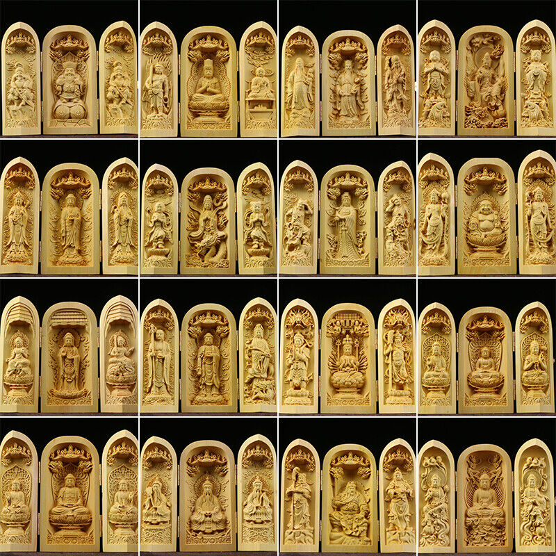 Buddha Statue Carved Wooden Sculpture Decor Three Open Box Home Ornaments NEW