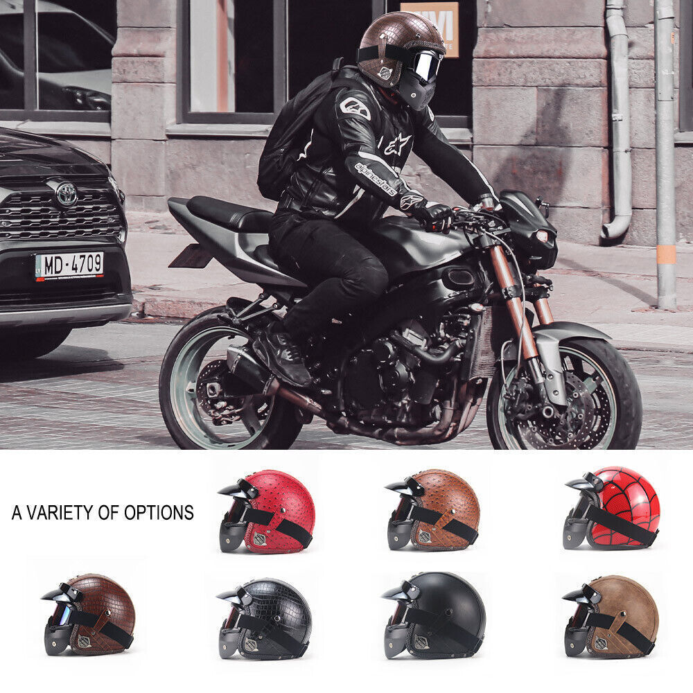 DOT Men Leather Motorcycle Half Face Helmet Goggles Mask Detachable Biker Pilot