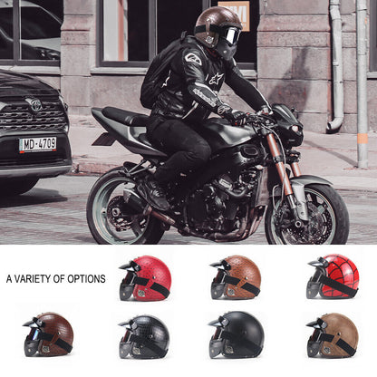 DOT Men Leather Motorcycle Half Face Helmet Goggles Mask Detachable Biker Pilot