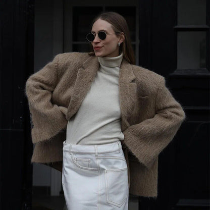 Plush Blazer Coat For Women Lapel Collar Warm Jacket Lady Commuter Outwear