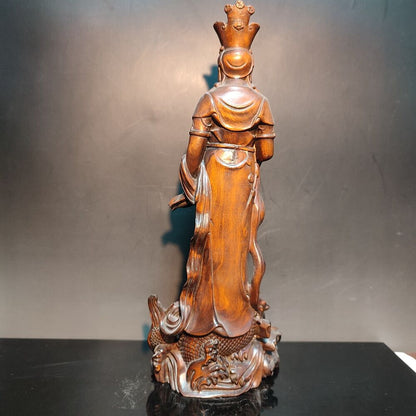Buddhism Carved Sharks kwan yin Guan Statue Wooden Quan Bodhisattva Praying Rare